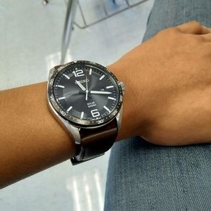 Seiko SNE487 solar watch with leather strap